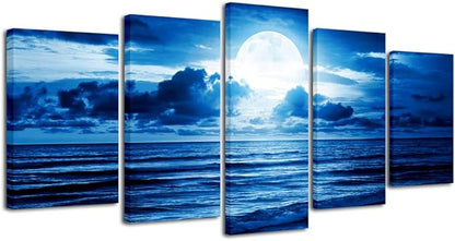 Pyradecor Blue Clouds Canvas Prints Wall Art Moon Sea Beach Pictures Paintings Ready to Hang for Living Room Bedroom Home Decor Modern 5 Piece Stretched Landscape Artwork