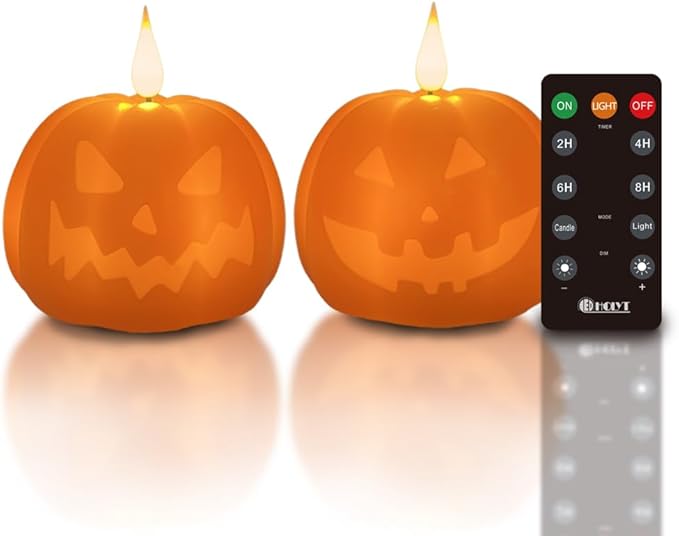 LEDHOLYT Rechargeable Halloween Decorations Flameless Candle, Flameless Pumpkin Candle with Timer & Remote,LED Real Wax Pumpkin LED Candles,Halloween Decorations, 1 Set of 2