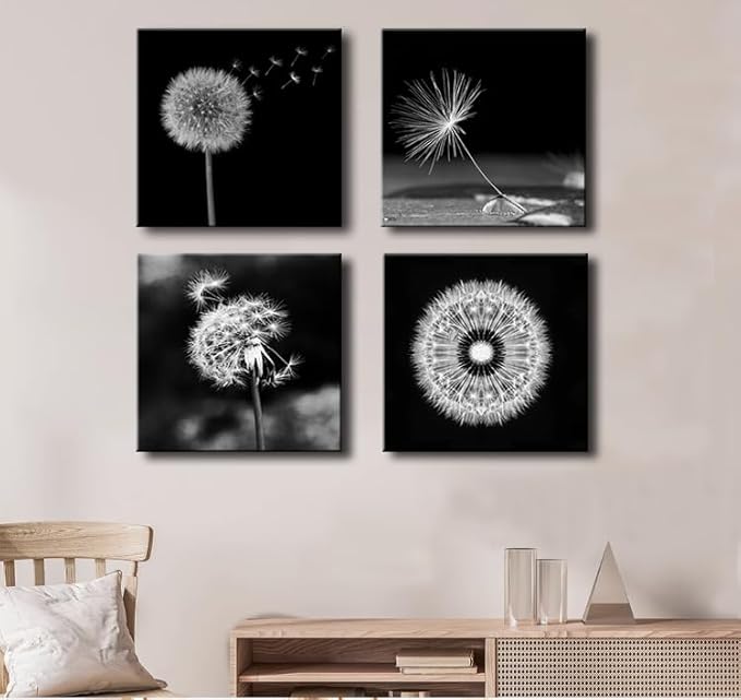 weiyiart Black and White Floral Wall Art, Dandelion Canvas Painting Prints Artwork, Rustic Minimalist Flower Botanical Pictures for Farmhouse Bathroom Bedroom Living Room Decor, 16x16x4pcs