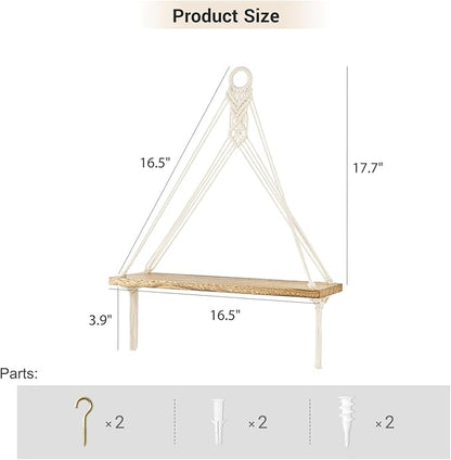 Mkono Macrame Hanging Shelves Boho Wall Decor Set of 2 Rustic Wood Floating Storage Shelf for Bedroom Bathroom Living Room Nursery Dorm Room, Display Shelving for Hanging Plants Photos