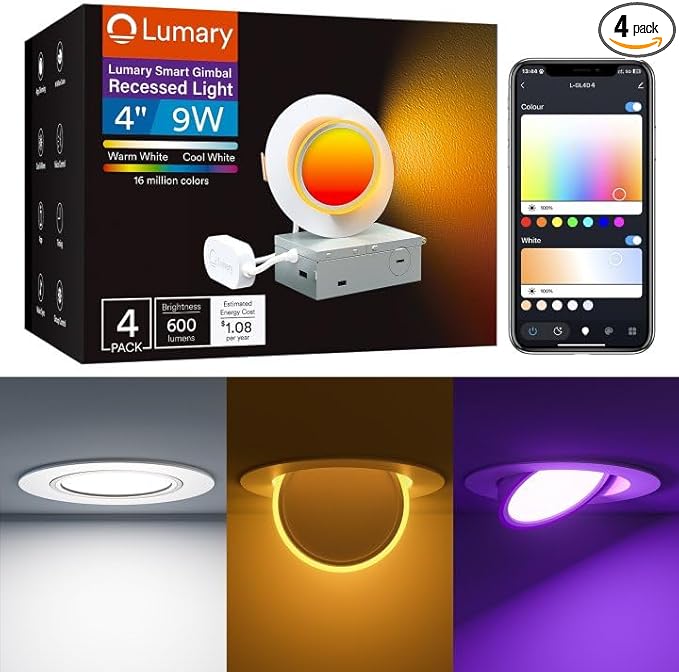 Lumary 4 Inch Smart Gimbal Recessed Lighting Ultra with 2200k Night Light，270°+90°Rotatable LED Recessed Lights, 9W 600LM Angled Adjustable LED Downlight, Works with Alexa & Google Assistant, 4Pack