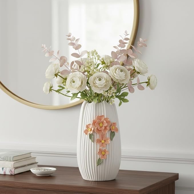 9 Inch White Flower Vase for Table, Modern Boho Ceramic Vases Home Decor, 3D Floral Textured Vase for Pampas Grass, Kitchen, Table, Bathroom, Fireplace Decor