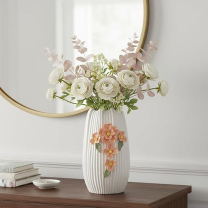 9 Inch White Flower Vase for Table, Modern Boho Ceramic Vases Home Decor, 3D Floral Textured Vase for Pampas Grass, Kitchen, Table, Bathroom, Fireplace Decor