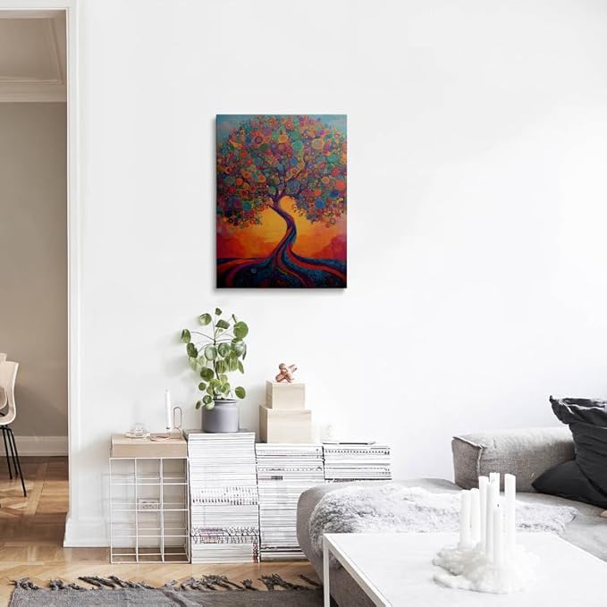 Cool Colorful Boho Abstract Picture Wall Decor Framed Fantasy Texture Blooming Tree of Life Graffiti Canvas Wall Art Modern Prints Poster Country Painting for Living Room Bathroom Bedroom16x24 Inches