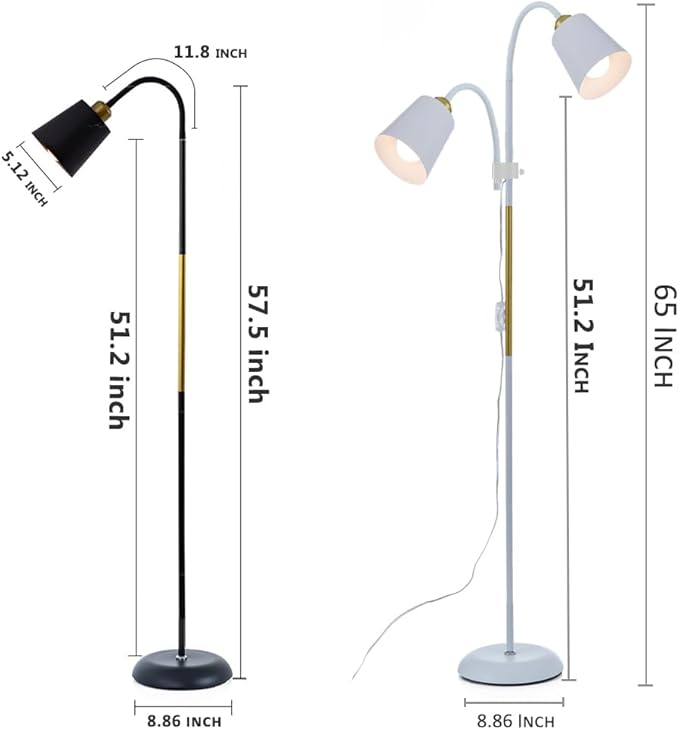 Floor Reading Lamp, Industrial Metal Floor Lamps for Living Room with Adjustable Bendable, 2 in 1 Reading Table Lamps for Living Room Bedroom Office, 12W Bulbs Included (White-2 Heads)