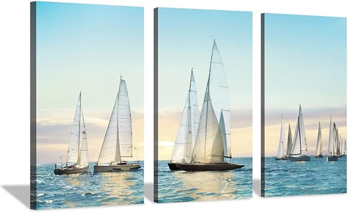 Hardy Gallery sailboat wall art coastal pictures: nautical wall decor sailing artwork blue ocean print in canvas painting for living room 20" x 34" x 3 panels