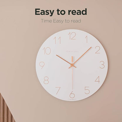 mooas Flatwood Wall Clock (Rose Gold),12" Non-Ticking Sweep Movement Decorative Battery Operated Wall Clock for Home Living Room Kitchen Bedroom Office School