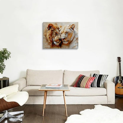 Romantic Lion Couple Canvas Wall Art Framed Painting Lion and Lioness Affection Moment Warm Earthy Tones Impasto Texture Wildlife Wall Decor Artwork for Bedroom Office Den 16x24 Inches