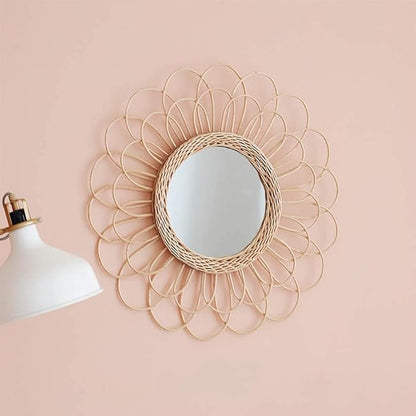 OYPEIP 22" Large Rattan Innovative Art Decoration Round Makeup Mirror Dressing Bedroom Bathroom Wall Hanging Mirrors Craft Photo Props,Glass Decor