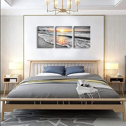 Bamdeya Bathroom Wall Decorations 3 Piece Black and White Picture Framed Wall Art Bedroom Beach Canvas Prints Photos Ocean Painting Sunset Poster Sea Artwork for Office Dining Room Decor 12x16x3pcs