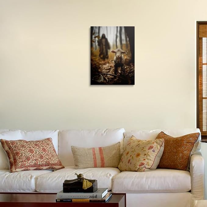 Religious wall decor for prayer room Christian wall art for Christmas decorations indoor Jesus and Lamb canvas wall prints Jesus Running After Lost Lamb Picture for home decor Baptism gifts for boys-girl serenity prayer wall art for catholic Women chri...