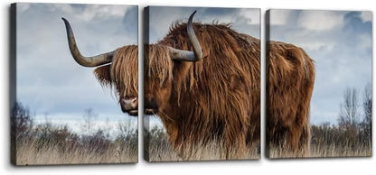 Pacimo 3 Panels Framed Canvas Prints Highland Cattle Wall Art Home Decorations for Living Room Modern Stretched and Framed Animal Pictures Photo Giclee Paintings Ready to Hang - 12" x 16" x 3