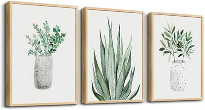 Natural Wood Framed Wall Art Painting For Dining Room Family Wall Decor For Bedroom Kitchen Wall Decoration Living Room Decor Green Leaf Pictures Artwork For Home Walls 3 Piece Framed Art Prints