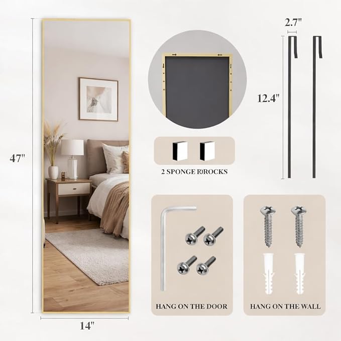 Simple Deluxe 47x14 Full Length Mirror Over The Door, Wall Mounted Full Body Mirror, Luxurious Gold Aluminum Frame, Shatterproof Glass, for Bedroom, Living Room, Entryway, Gold Rectangle
