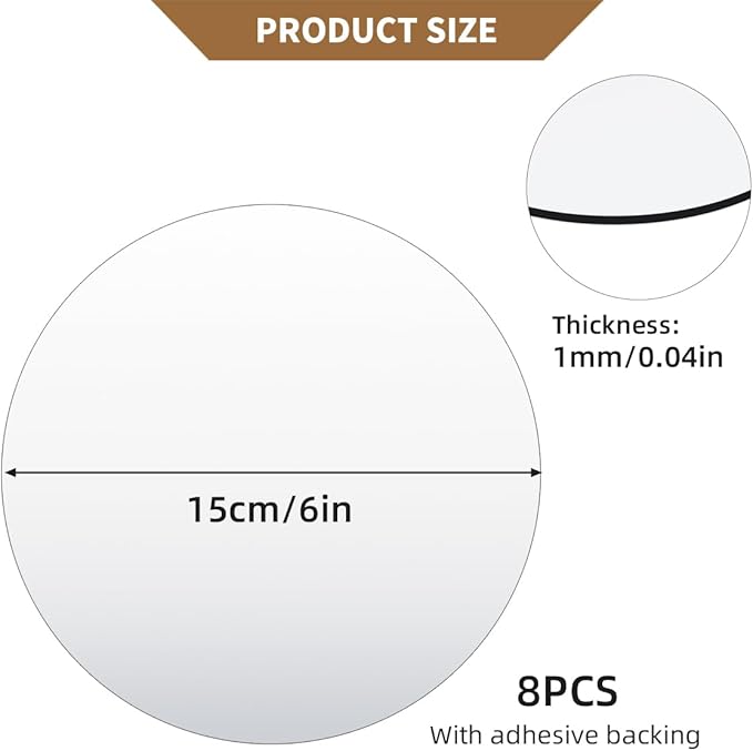 8 Pack Acrylic Round Mirrors, 6 inch Circle Mirror Tiles Self Adhesive Mirror Stickers for Wall Home Living Room Bedroom Decor, Small Mirrors for Crafts (Thickness 1 mm) (6 inch/15cm)