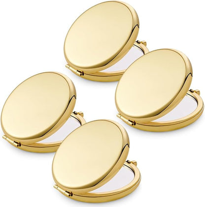 Compact Mirror for Purse, Metal Round Shell, Double-Sided 1X/2X Magnifying, Portable Travel Small Makeup Mirror, Mini Pocket Mirror, Gold,4 Packs