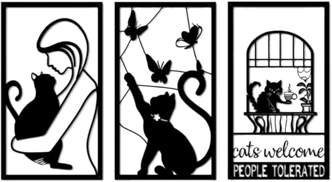 GSANMU Metal Cat Butterfly Wall Decor - Set of 3 Cute black line decor Iron Hanging Wall Art for Living Room and Bedroom 17×10 inch
