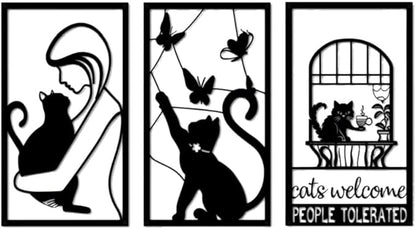 GSANMU Metal Cat Butterfly Wall Decor - Set of 3 Cute black line decor Iron Hanging Wall Art for Living Room and Bedroom 17×10 inch