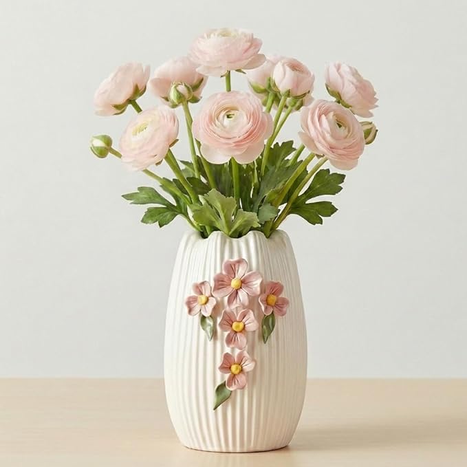 White Ceramic Flower Vase, 7 Inch Small Boho Vase for Pampas Grass, 3D Floral Modern Vases Home Decor, Wedding, Valentine, Dining Table Decoration, Bedroom Decor