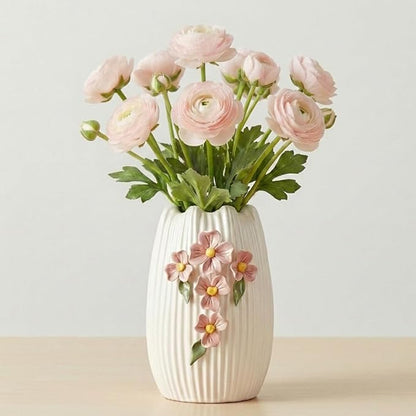 White Ceramic Flower Vase, 7 Inch Small Boho Vase for Pampas Grass, 3D Floral Modern Vases Home Decor, Wedding, Valentine, Dining Table Decoration, Bedroom Decor