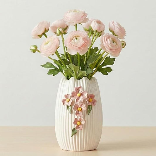 White Ceramic Flower Vase, 7 Inch Small Boho Vase for Pampas Grass, 3D Floral Modern Vases Home Decor, Wedding, Valentine, Dining Table Decoration, Bedroom Decor
