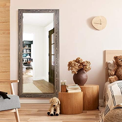 Renditions Gallery Full Body Mirror Dark Room Walnut Wooden Framed Large Standing Wall Mirror Farmhouse Boho Wall Mounted Decor for Bedroom Living Room Bathroom - 61"x25" LT07