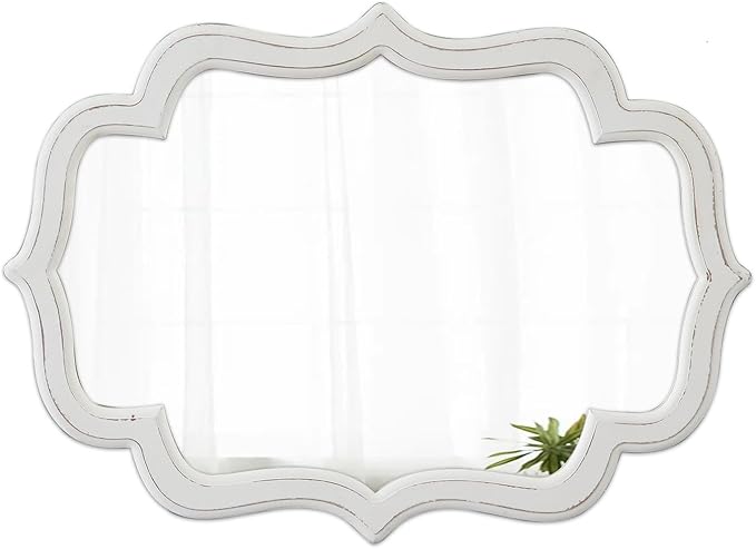Vintage Oval Wall Mirror 22 X 30 Inch, Hanging Distressed White Scalloped Rustic Wood Wall Mirrors for Bathroom Bedroom Living Room, Farmhouse Entryway Mirror, Horizontal or Vertical