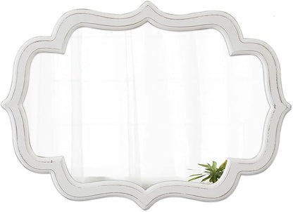 Vintage Oval Wall Mirror 22 X 30 Inch, Hanging Distressed White Scalloped Rustic Wood Wall Mirrors for Bathroom Bedroom Living Room, Farmhouse Entryway Mirror, Horizontal or Vertical
