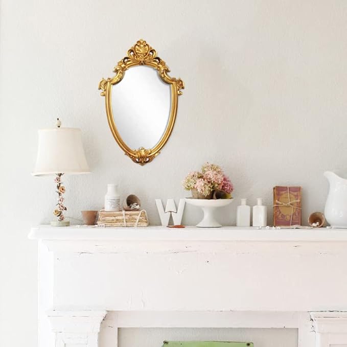 Eaoundm 16.5 x 11 inch Vintage Mirror Antique Mirror Decorative wall Mirror Shield Shape (Brush Gold)