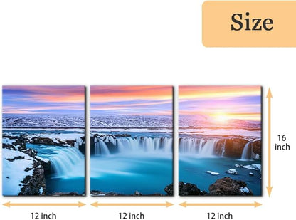 Pacimo 3 Pieces Canvas Wall Art Tropical Waterfall Pastel Sunset Horizon Pictures Prints Nature Landscape Modern Artwork for Walls Painting Home Office Wall Decor Framed Ready to Hang - 12"x16"x3
