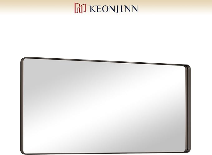 Keonjinn Black Bathroom Mirror for Over Sink, 48 x 24 Inch Large Rounded Rectangle Bathroom Vanity Mirror, Matte Black Sandblasted Finish, Tempered Glass Seamless Aluminum Alloy Frame Full Body Mirror