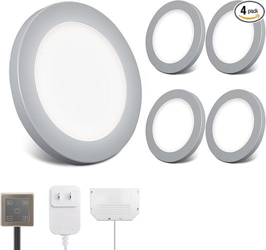V4light LED Puck Lights 4 Pack, 6mm Ultra-Thin Plug in Under Cabinet Lighting with Touch Dimmer, Adjustable Color Temp(2700K-6500K), Easy Installation for Kitchen, Pantry, Closet, Bedroom (Grey)