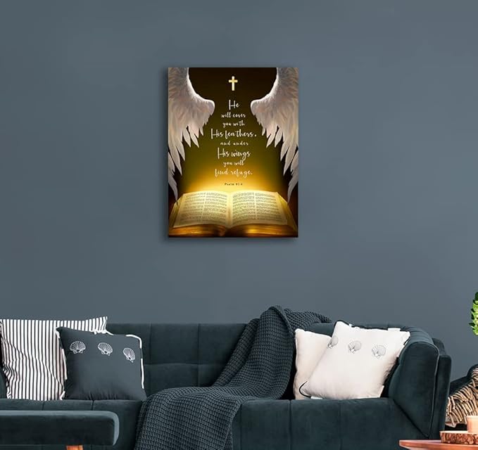 Psalms 91:4 Wall Art Canvas Prints， He Will Cover You With His Feathers，Bible Verse with Christian Sayings Decor, suitable for offices,Church, Home Wall Decor ，Tabletop/Hanging(29x38cm) framed