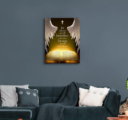 Psalms 91:4 Wall Art Canvas Prints， He Will Cover You With His Feathers，Bible Verse with Christian Sayings Decor, suitable for offices,Church, Home Wall Decor ，Tabletop/Hanging(29x38cm) framed