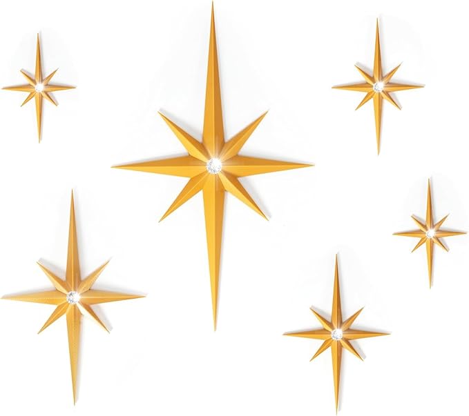 BreezeHug 6 Pcs Mid Century Modern Home Decor Star Art Wall Sculpture with Rhinestone Retro 3D Plastic Star Art Wall Sculpture Bling Diamonds Decor for Home Office Bedroom Entryway(Gold)