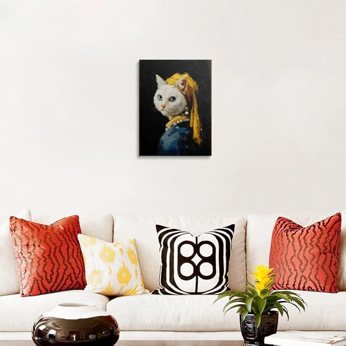 Vintage Style Cat Canvas Wall Art Framed Painting Whimsical Portrait with Pearl Earring Blue Eyes Yellow Headscarf Humorous Animal Wall Decor Artwork for Living Room Bathroom 16x24 Inches