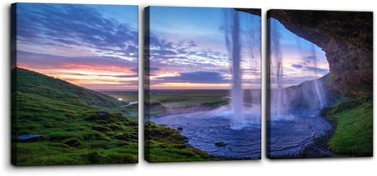 Pacimo Waterfall at Sunset Canvas Wall Art Print Iceland Landscape Painting Framed Wall Art Decor for Living Room Home Decoration 3 Pieces Gallery Wrapped Posters and Prints Ideal Gifts - 12"x16"x3