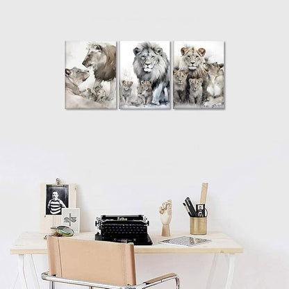 Modern 3 Piece Wild Animal Lion Canvas Paintings Lion Family Portrait Pictures Wall Decor Artwork Living Room Bedroom Home Office Decorations, Framed 12W'' x 16H'' x 3pcs