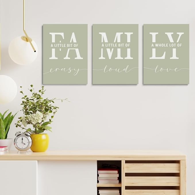 GUBIYU Farmhouse Family Wall Art Set of 3, Home Love Framed Canvas Prints for Living Room, Dining Room Decor, Sage Green 20"X28"