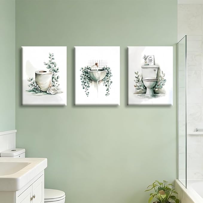 Frimeeme 3 Piece Sage Green Botanical Bathroom Decor, Framed Canvas Wall Art Set, bathroom wall art with leaves, 12x16 Inches Ready to Hang Prints