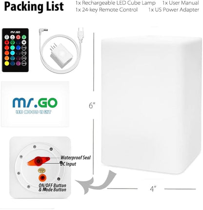 Mr.Go 6-inch Dimmable LED Night Light Mood Lamp for Kids and Adults - 16 RGB Colors - 8 Level Dimming - 4 Lighting Effects - Rechargeable - Remote Control - Decorative - Fun and Safe - White Cube
