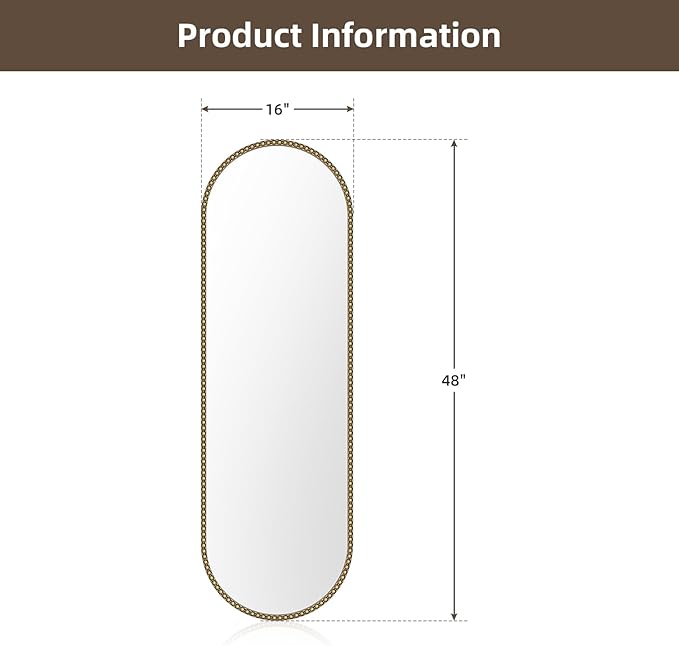 Champagne Bronze Bathroom Mirror, 16x48 Inch Vintage Gold Beaded Oval Full Length Mirrors, Antique Brass Decorative Mirror for Living Room, Bedroom, Entryway, Fireplace