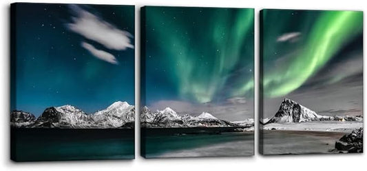 Pacimo Canvas Wall Art Aurora Scenery Painting for Living Room Decoration Natural Landscape Canvas Paintings 3 Piece Bedroom Home Office Decor Stretched Framed Ready to Hang - 12" x 16" x 3