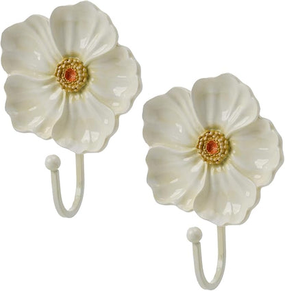 Guichifun Flower Coat Hooks Wall Decor - 2pcs Resin White Decorative Wall Hooks for Hanging Clothes Coats Towels Keys Bags Hats Bathroom Home Decoration Gift 4.3 x 2.2 x 6 Inch