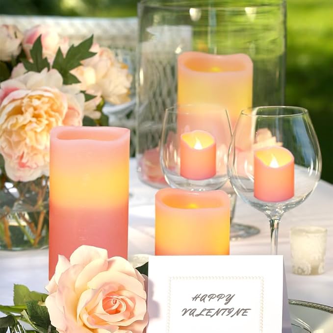 FURORA LIGHTING Pink Flameless Candles - Real Wax, Adjustable Brightness, Remote & Timer - 4 Pillars (3x4, 3x6) and 4 Votives, 8-Pack, Battery Operated