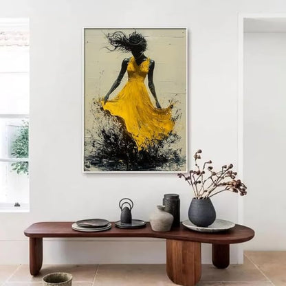 Abstract Figure Wall Art Modern Expressive Vibrant Yellow Dress Dynamic Brushstroke Splash Texture Neutral Tone Home Living Room Bedroom Artistic Interior Decor Statement Piece 16x24 Inch Unframed