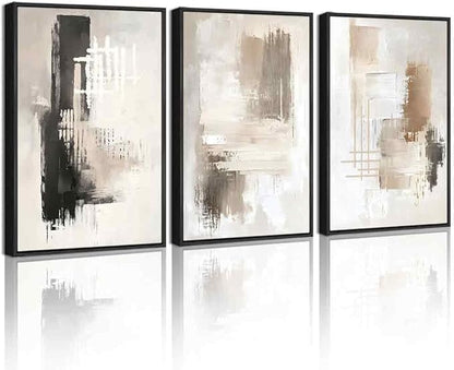 PHOPAGO Modern Abstract Framed Wall Art Mid Century Minimalist Beige Pastel Neutral Wall Decor for Kitchen Hallway - 12x16in Black Framed