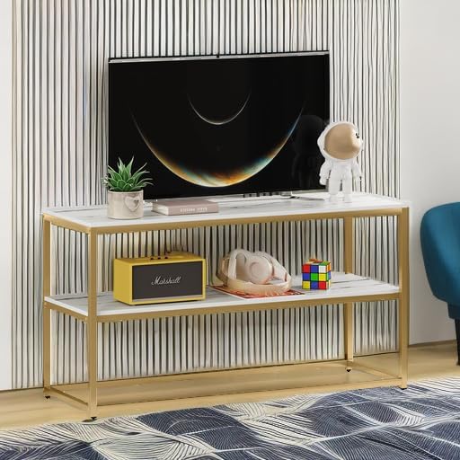 Function Home TV Stand for TVs up to 50 Inch, 2 Tier Entertainment Center, Modern TV Cabinet with Marble Top and Gold Metal Base, 42" Media Console Table with Storage for Living Room Bedroom