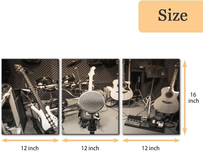 Pacimo 3 Panels Music Artistic Paintings Wall Art The Music of The Band Guitar and Shelf Drum Piano Pictures Print on Canvas for Modern Home Decoration for Living Room Framed Ready to Hang - 12"x16"x3