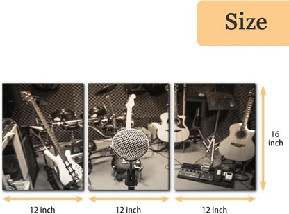 Pacimo 3 Panels Music Artistic Paintings Wall Art The Music of The Band Guitar and Shelf Drum Piano Pictures Print on Canvas for Modern Home Decoration for Living Room Framed Ready to Hang - 12"x16"x3